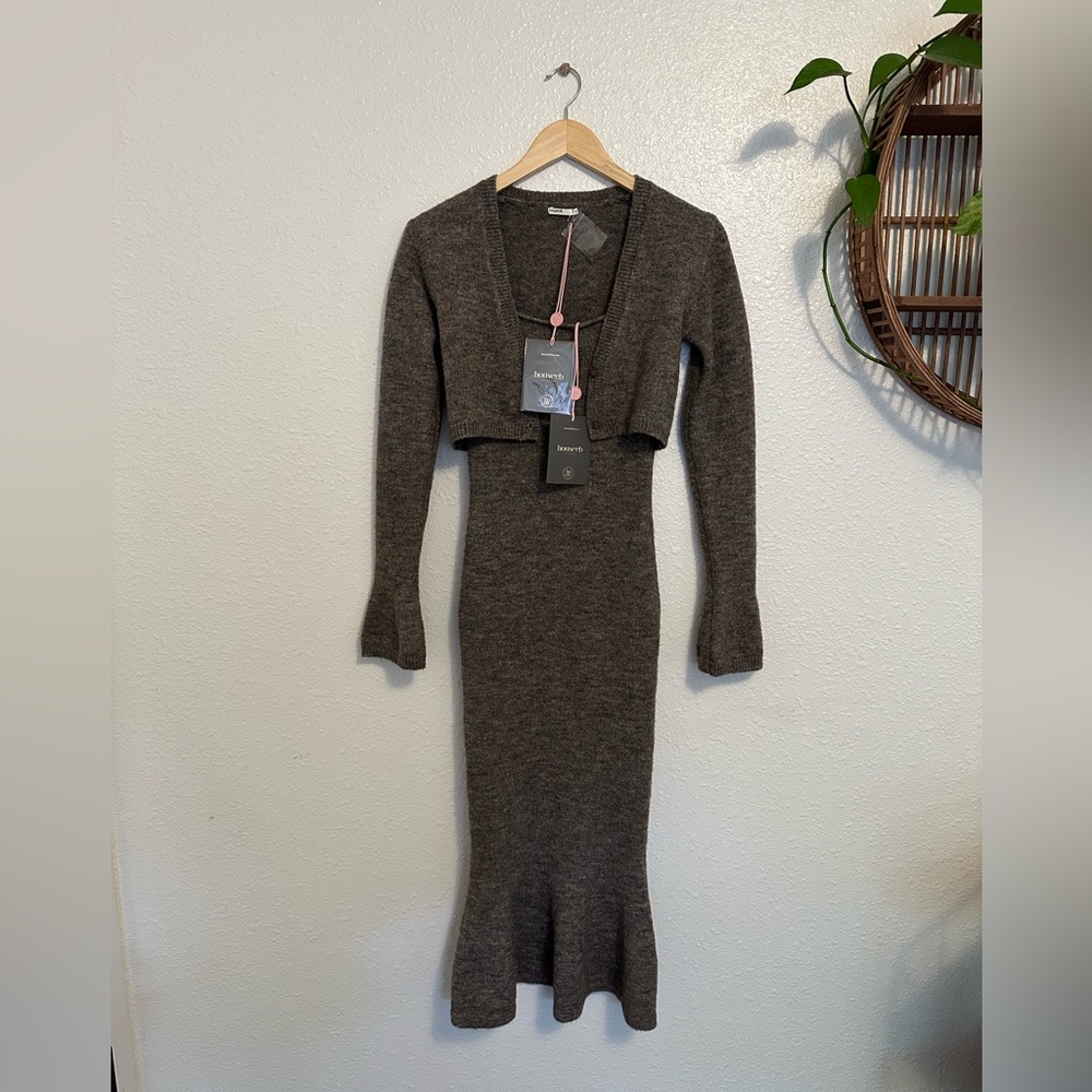 House of CB Brown Wool Dress and Crop Cardigan